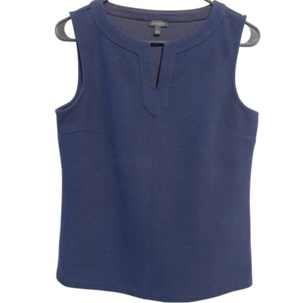 Talbots Womens Sleeveless Textured Navy Split-Neck Top S Cotton/Polyester/Spande